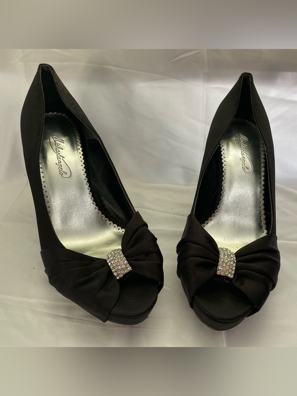 Michaelangelo Black Peep-Toe Heels with Rhinestone Knot Accent